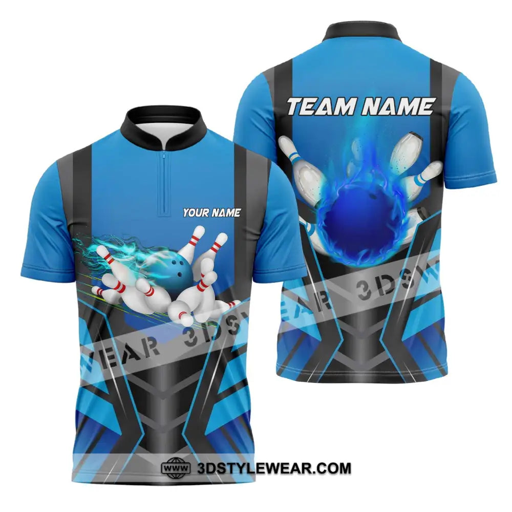 Unisex Shirt - Custom Texts Blue Fire Bowing Sport Shirt Zipper Polo Shirt / S T-shirt