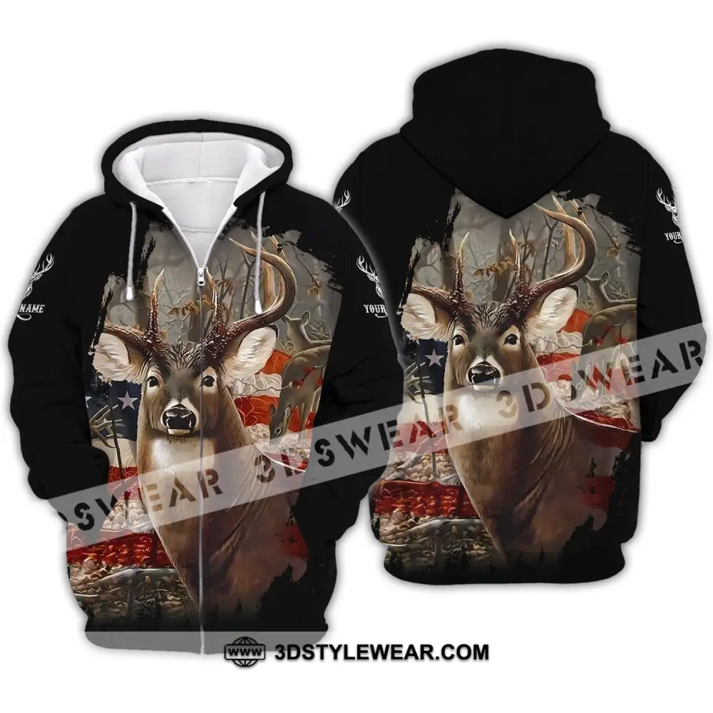 Unisex Shirt - Custom Name 3D Shirt - America Deer Zipper Hoodie / S T-shirt