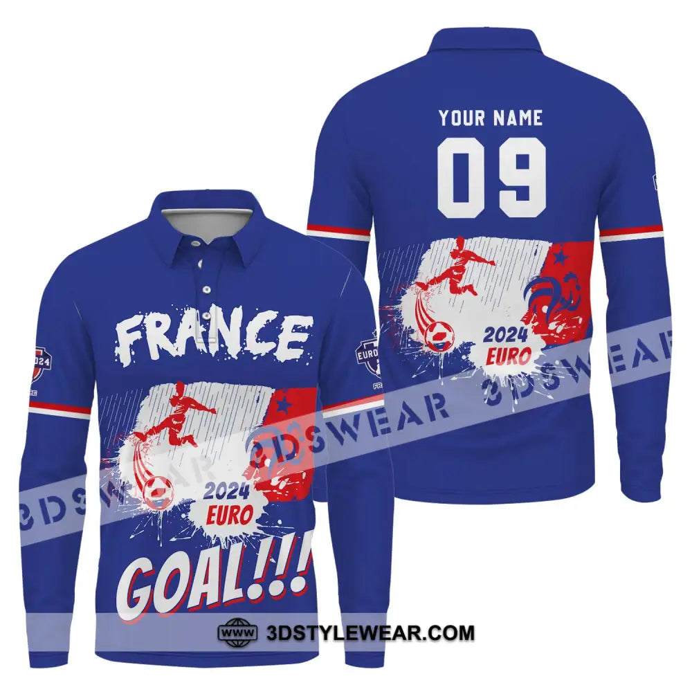 Unisex Shirt - Custom Name And Number France Team Euro 2024 Long Sleeve Polo / S T-Shirt