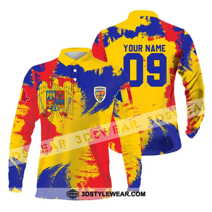 Unisex Shirt - Custom Name And Number National Team Flag Color Romania Long Sleeve Polo / S T-Shirt