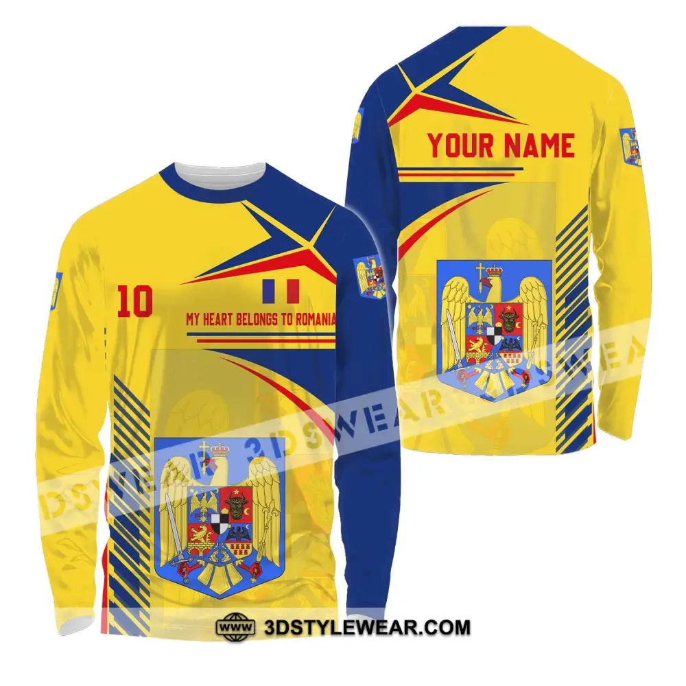 Unisex Shirt - Custom Name And Number National Team My Heart Belongs To Romania Long Sleeve / S