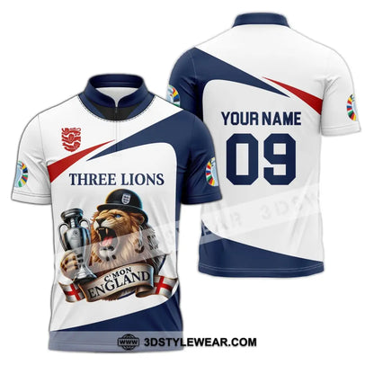Unisex Shirt - Custom Name And Number Sport C’mon England Three Lions Zipper Polo / S T-Shirt