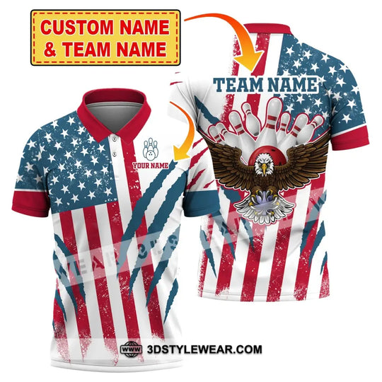 Unisex Shirt, Custom Name and Team Name Bowling Polo Shirt, America Flag Bowling T-Shirt, Bowling Hoodie Long Sleeve Shirt style option 2