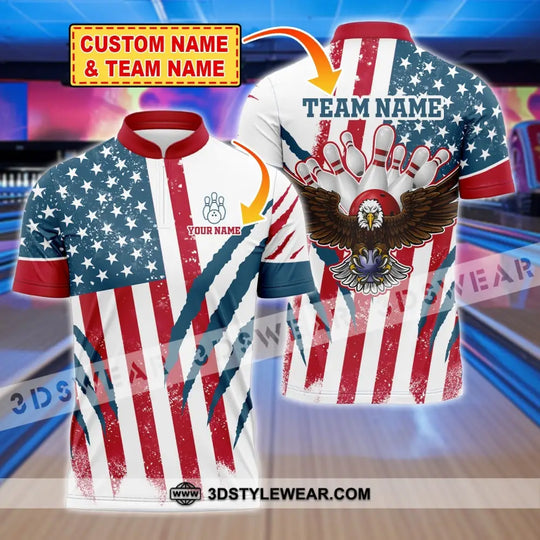 Unisex Shirt, Custom Name and Team Name Bowling Polo Shirt, America Flag Bowling T-Shirt, Bowling Hoodie Long Sleeve Shirt style option 1