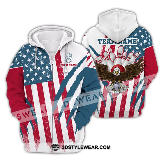 Unisex Shirt, Custom Name and Team Name Bowling Polo Shirt, America Flag Bowling T-Shirt, Bowling Hoodie Long Sleeve Shirt style option 4
