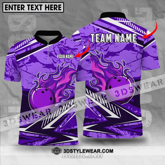 Unisex Shirt - Custom Name And Team Name Shirt, Purple Fire Bowling Ball Player Shirt style option 1