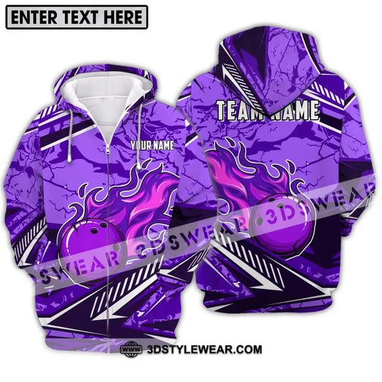Unisex Shirt - Custom Name And Team Name Shirt, Purple Fire Bowling Ball Player Shirt style option 2