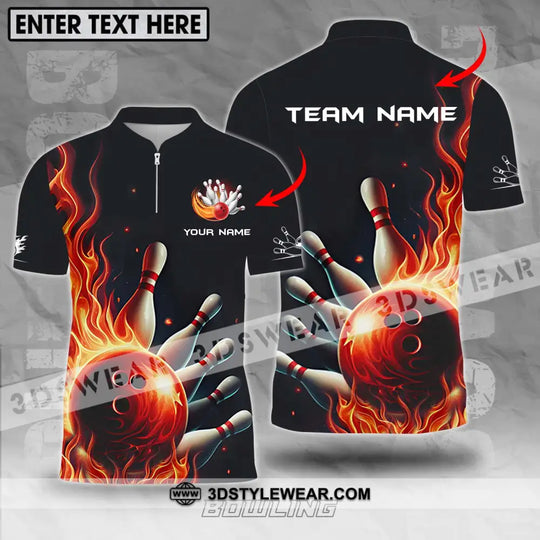 Unisex Shirt - Custom Name And Team Name Shirt, Red Fire Bowling Ball And Pins style option 1