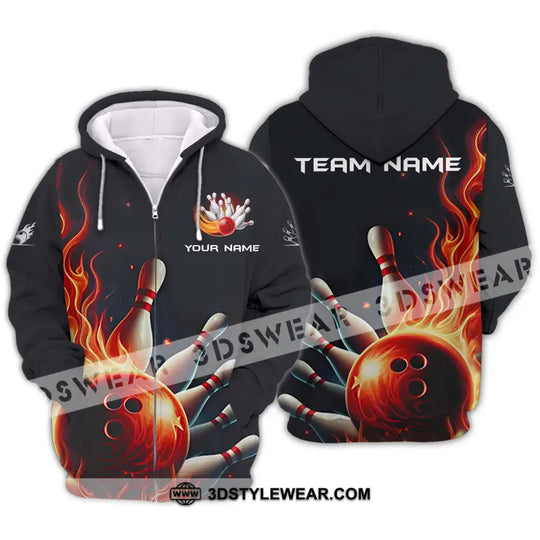Unisex Shirt - Custom Name And Team Name Shirt, Red Fire Bowling Ball And Pins style option 2
