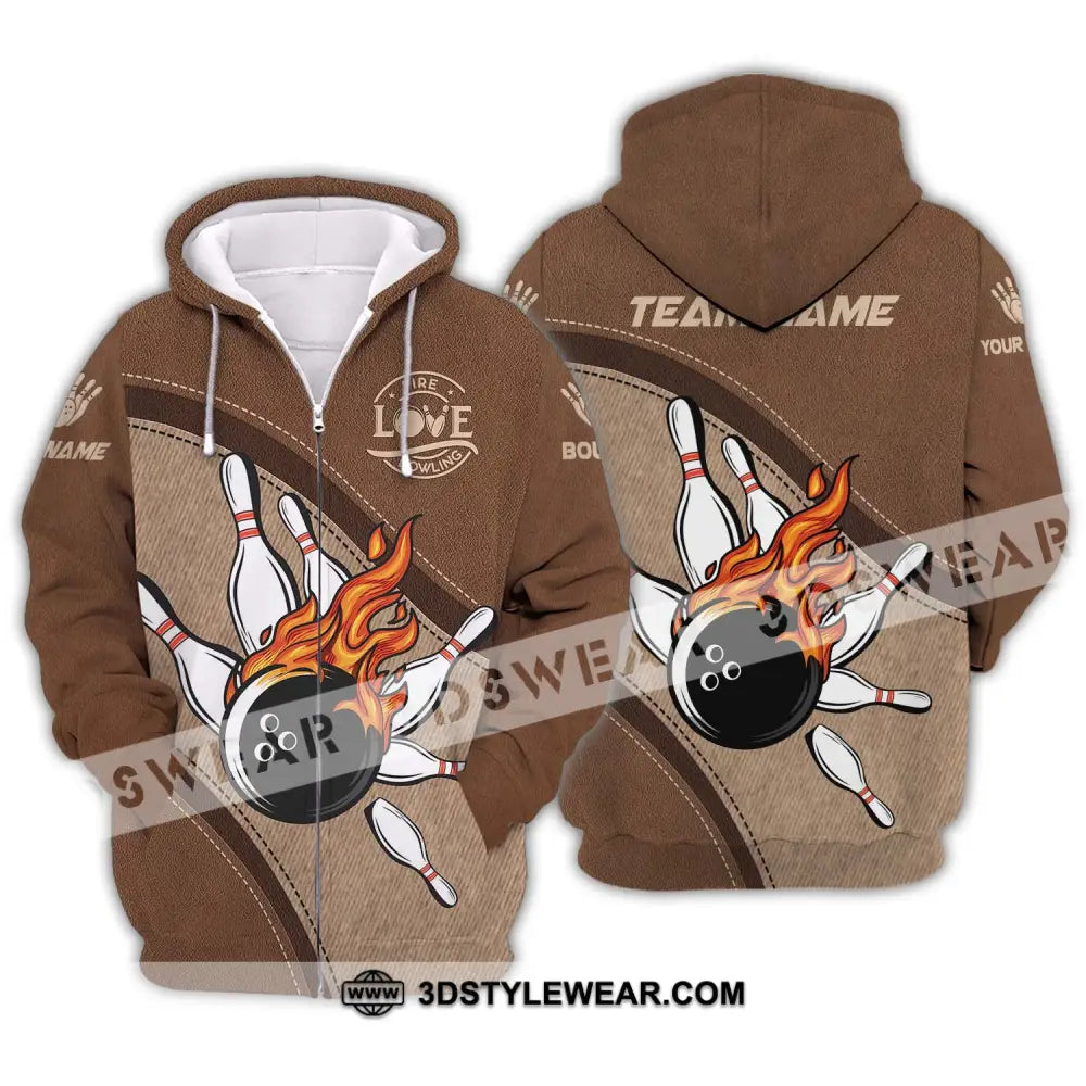 Unisex Shirt - Custom Name And Team Sport Love Fire Bowling Zipper Hoodie / S T-Shirt