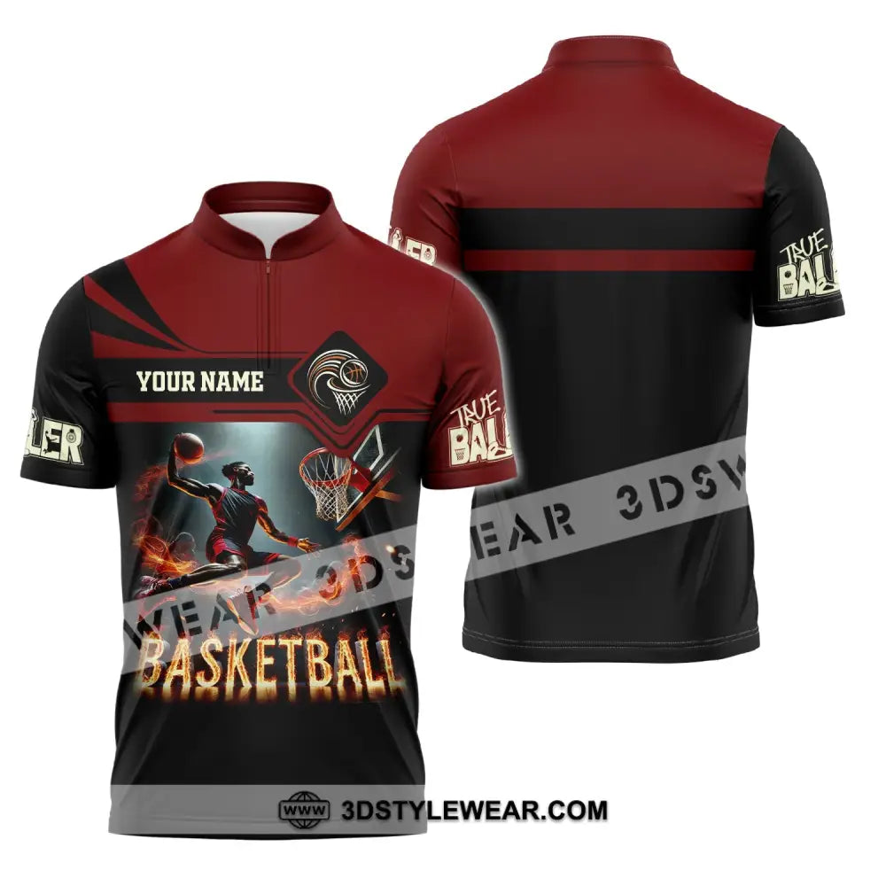 Unisex Shirt Custom Name Basketball Shirt Basketball Polo Long Sleeve Basketball Love T-Shirt Zipper Polo Shirt / S