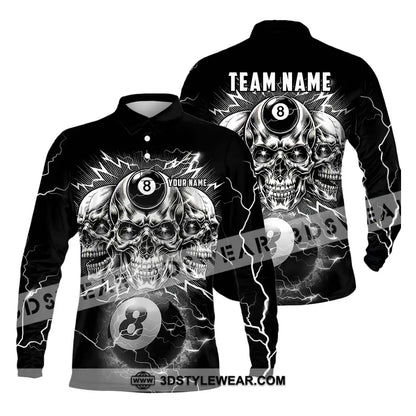 Unisex Shirt - Custom Name Black Skull Billiard Long Sleeve Polo / S T-Shirt