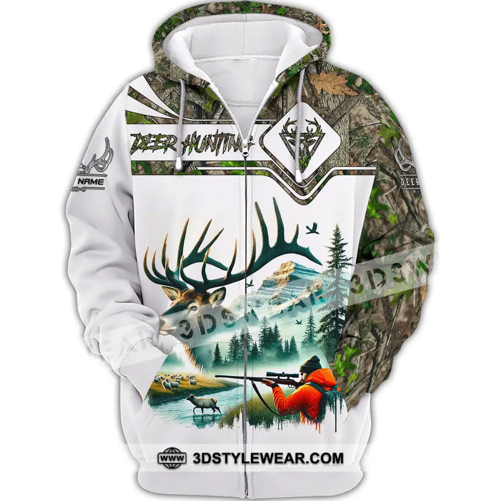 Unisex Shirt Custom Name Deer Hunter Hunting Polo Long Sleeve Animal T-Shirt Zipper Hoodie / S