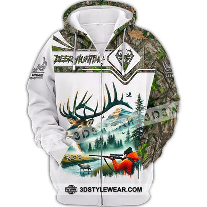 Unisex Shirt Custom Name Deer Hunter Hunting Polo Long Sleeve Animal T-Shirt Zipper Hoodie / S