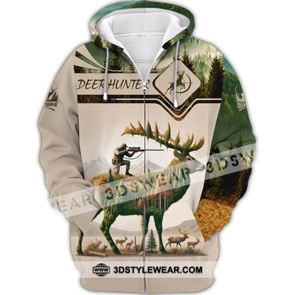 Unisex Shirt Custom Name Deer Hunter Hunting Polo Long Sleeve Animal T-Shirt Zipper Hoodie / S