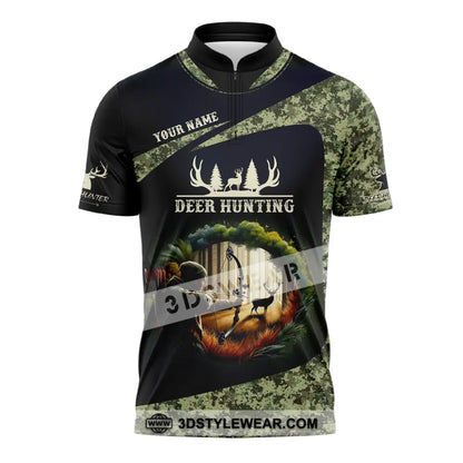 Unisex Shirt Custom Name Deer Hunter Hunting Polo Long Sleeve Animal T-Shirt Zipper / S