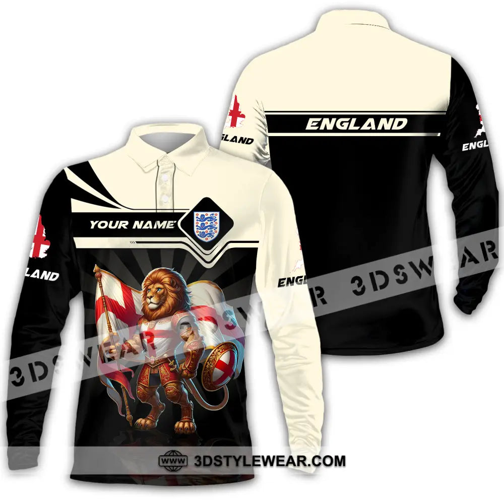 Unisex Shirt - Custom Name England Lion Standing Long Sleeve Polo / S T-Shirt