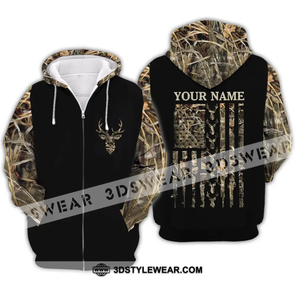 Unisex Shirt - Custom Name Hunting Deer Camo American Flag Zipper Hoodie / S T-Shirt