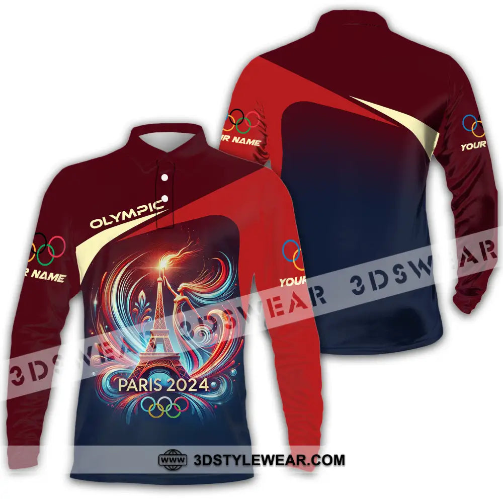 Unisex Shirt - Custom Name Olympic Paris 2024 Tour Eiffel Long Sleeve Polo / S T-Shirt