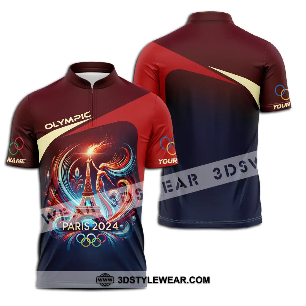 Unisex Shirt - Custom Name Olympic Paris 2024 Tour Eiffel Zipper Polo / S T-Shirt