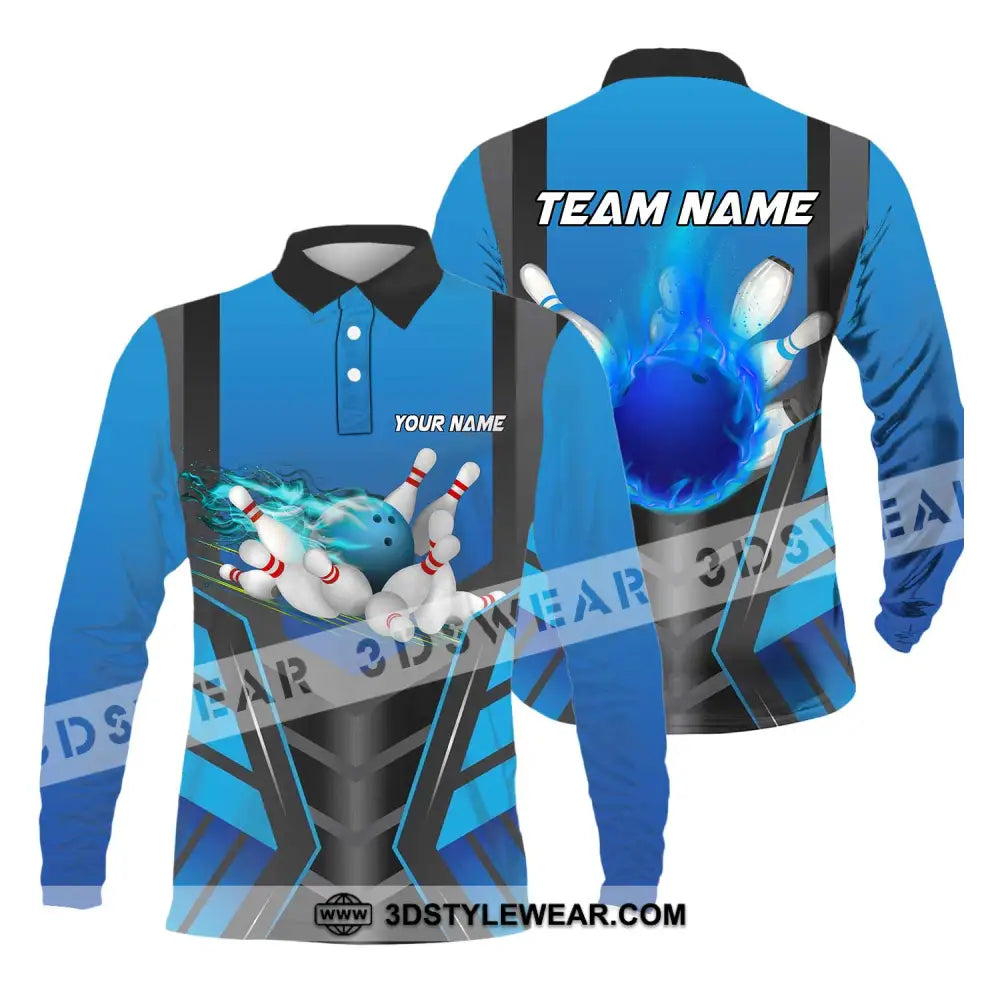 Unisex Shirt - Custom Texts Blue Fire Bowing Sport Shirt Long Sleeve Polo / S T-shirt